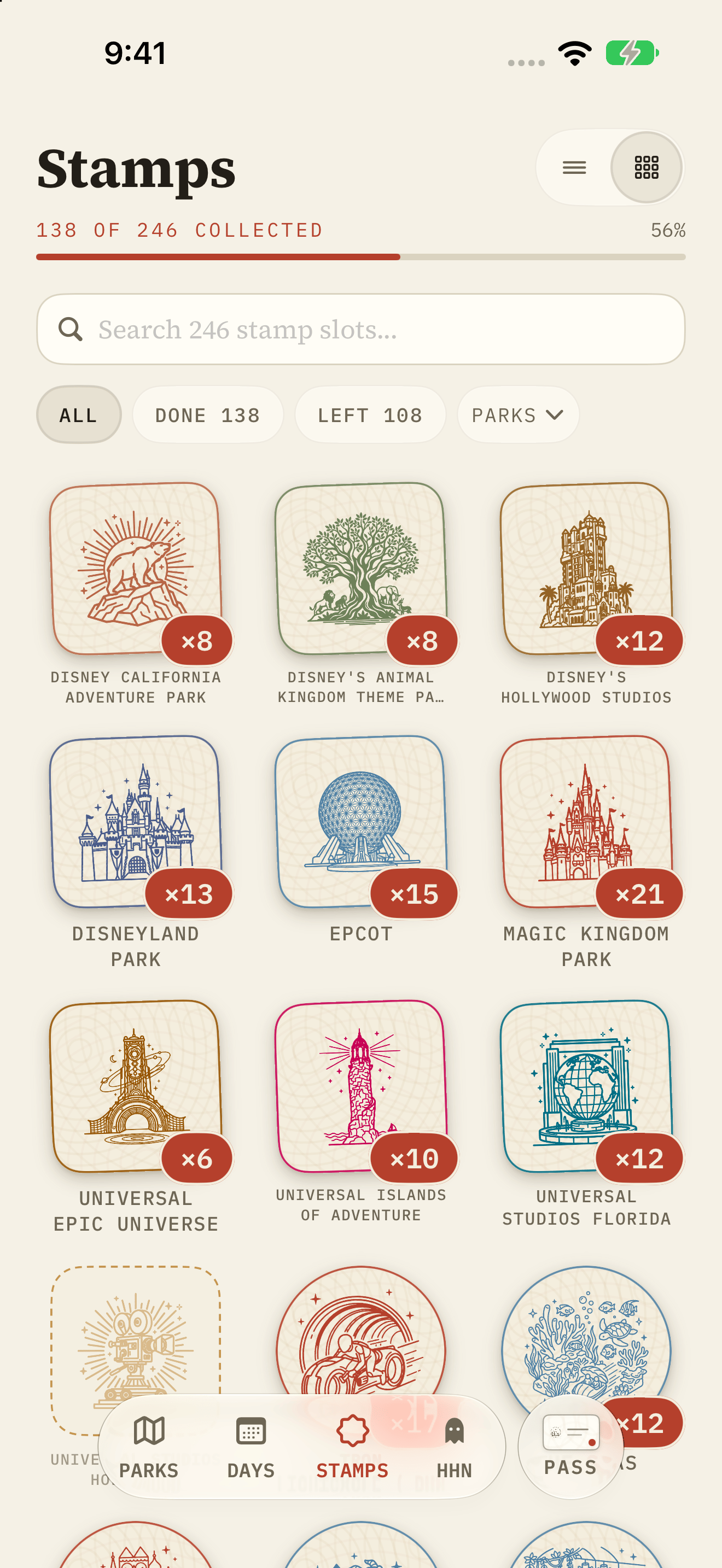 Collected and uncollected attraction stamps turn completion into a visual record.
