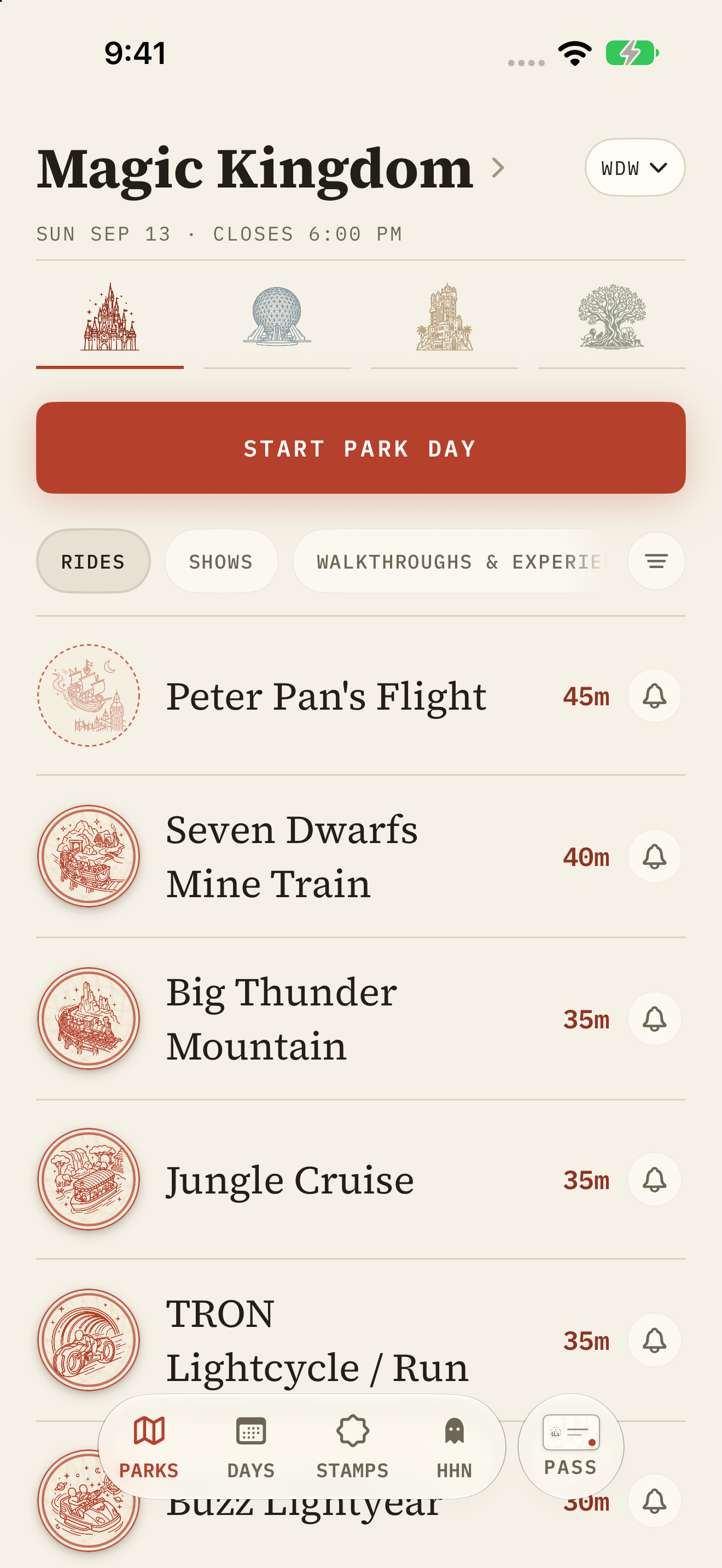 A Disney live board with posted waits, Lightning Lane availability, and each attraction's stamp state in one view.