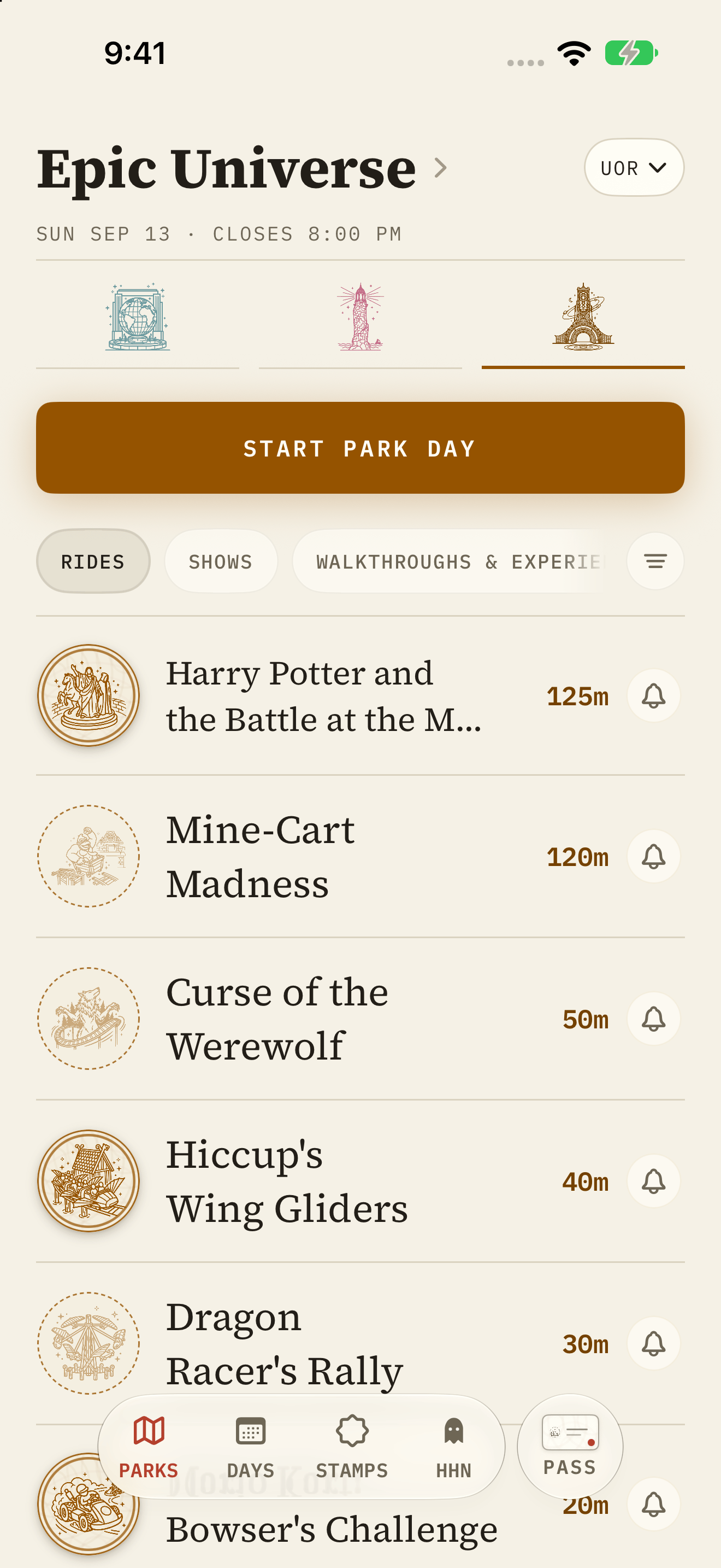 Universal Epic Universe joins the same live-board experience, with current waits across the park.