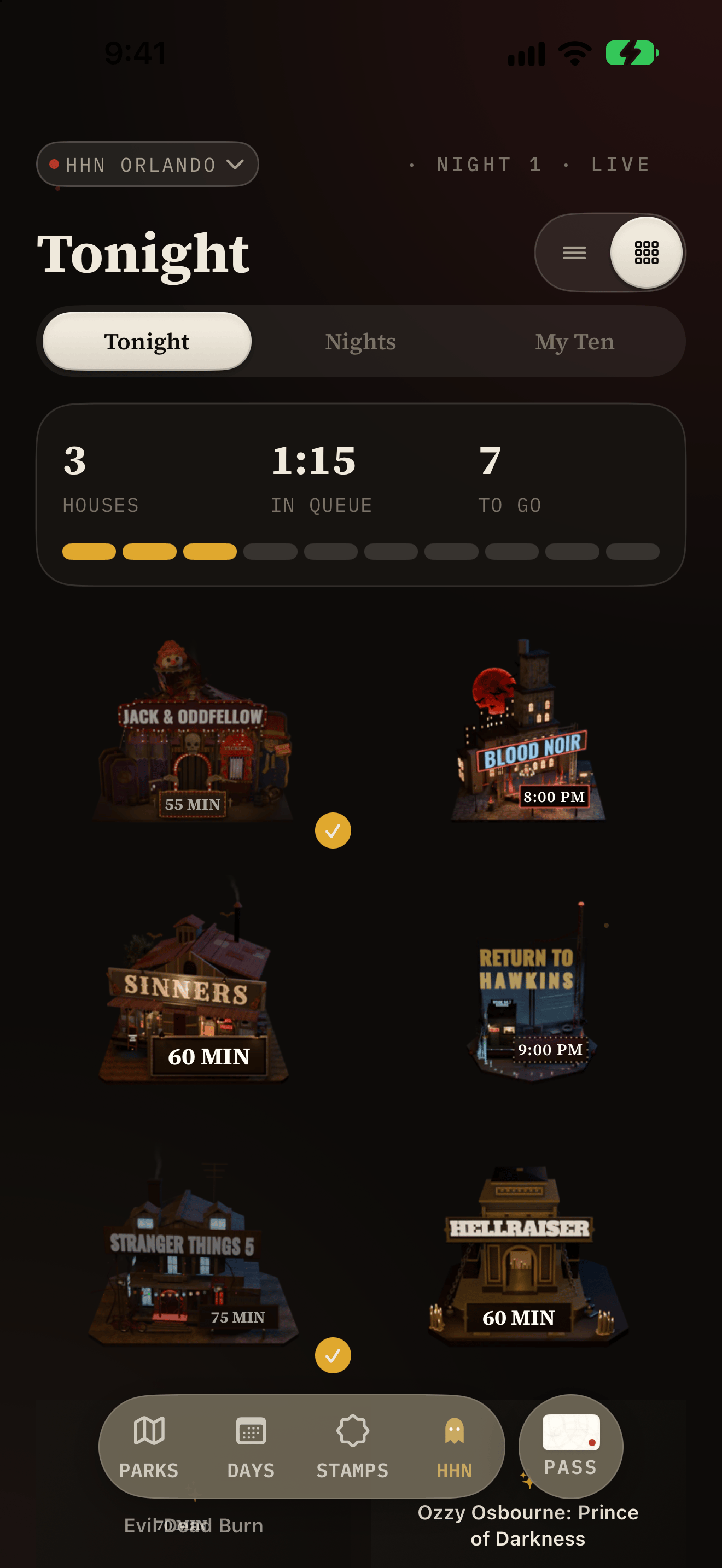 The night's houses in one event-specific board, with live waits and completed-house state.