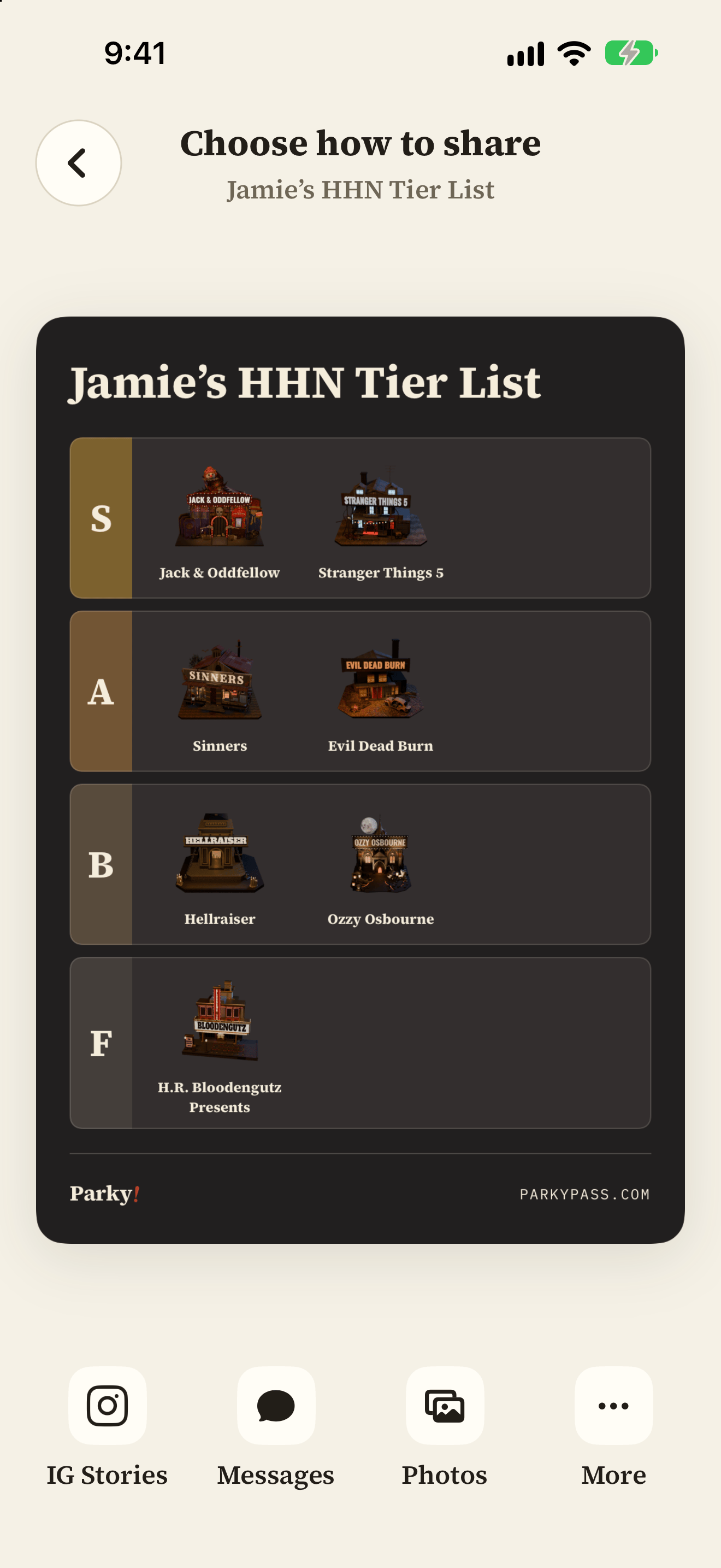 The finished Halloween Horror Nights tier list rendered as a shareable Parky card.