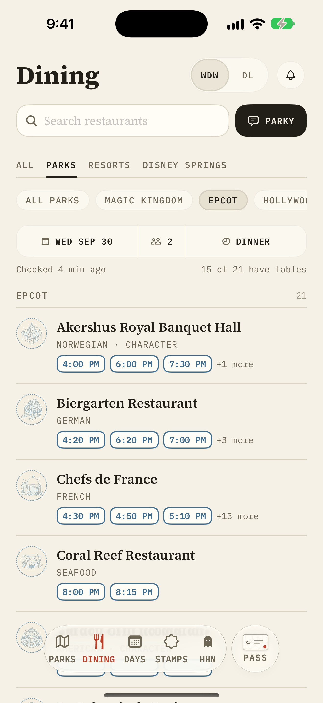 Live reservation times for every EPCOT restaurant for a date, party size, and meal, with how many have a table.
