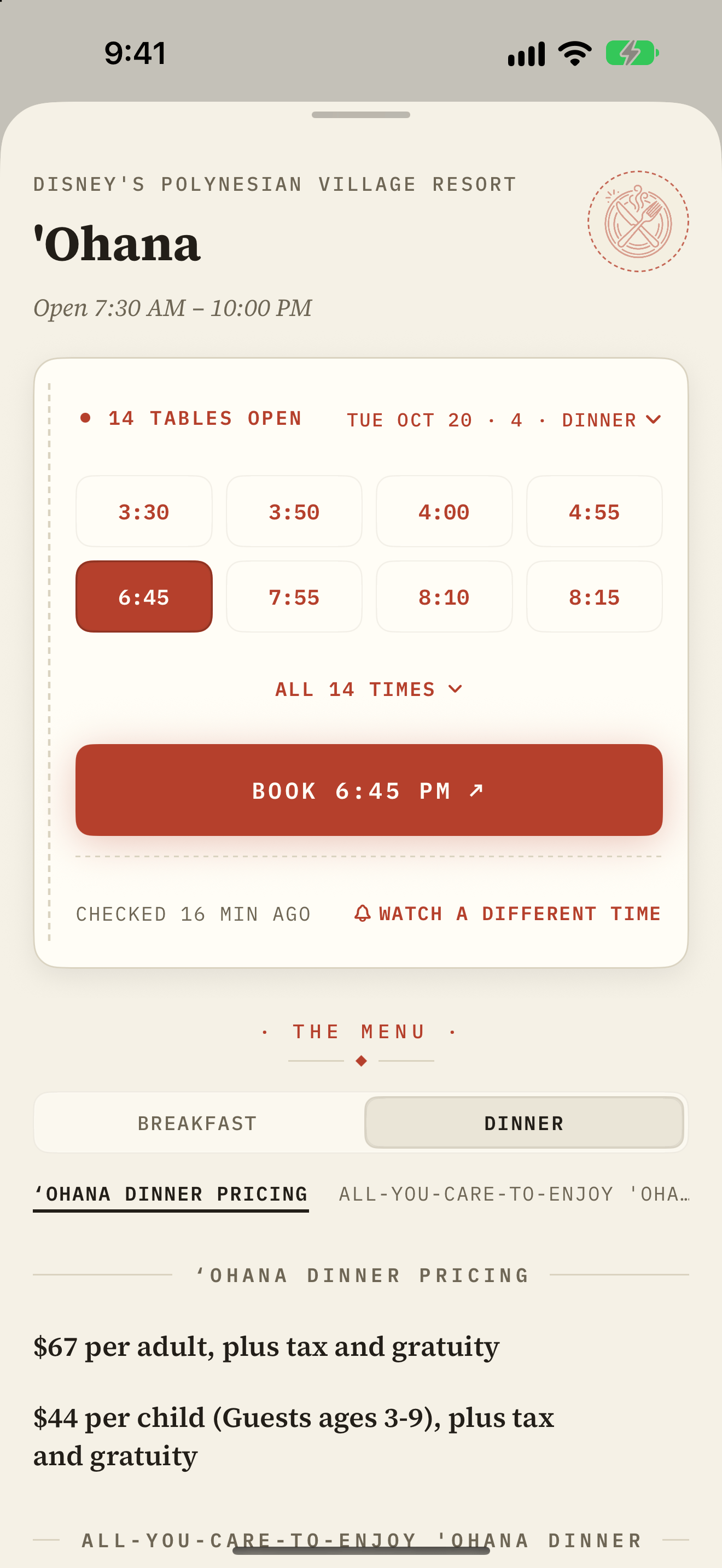 Fourteen dinner times open at 'Ohana for a party of four, with booking one tap away and the menu and prices below.