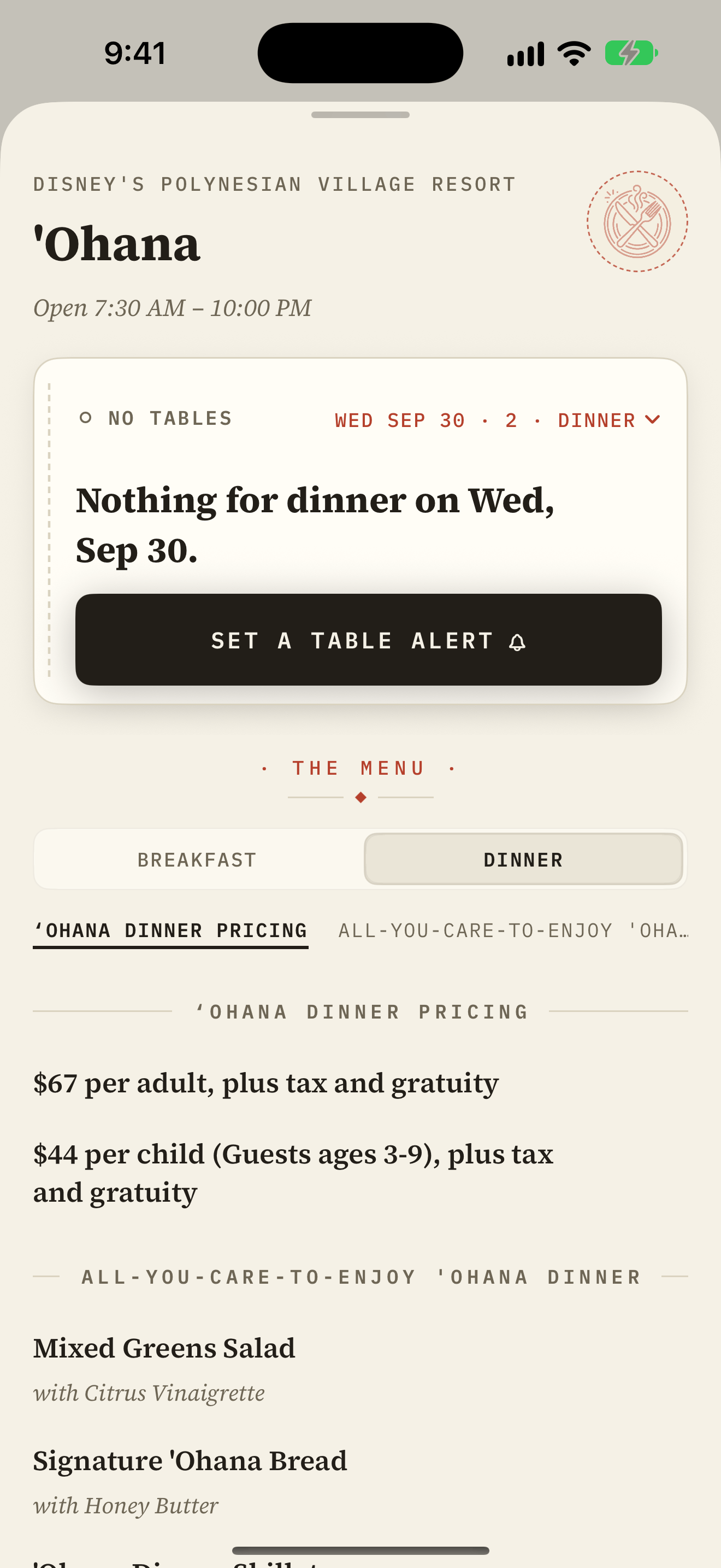 When a restaurant has nothing for the chosen night, Parky offers to watch it for cancellations.