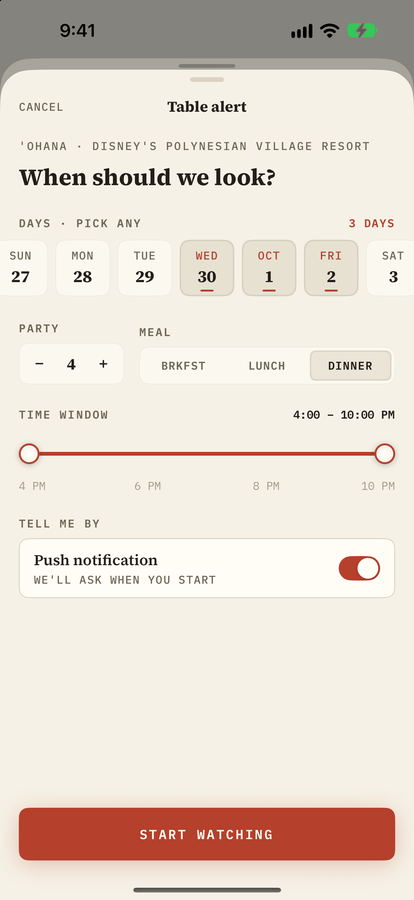 A guest picks the days, party size, meal, and time window, and Parky watches for a table to open.