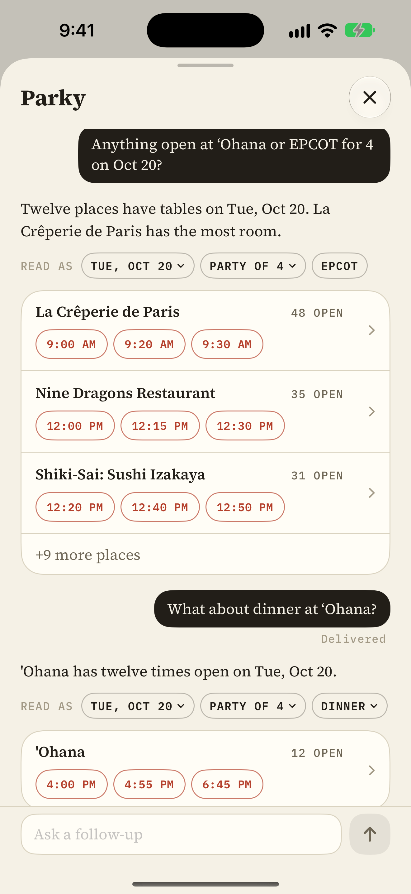 A plain request (anything open at 'Ohana or EPCOT for four on October 20?) answered from live availability.