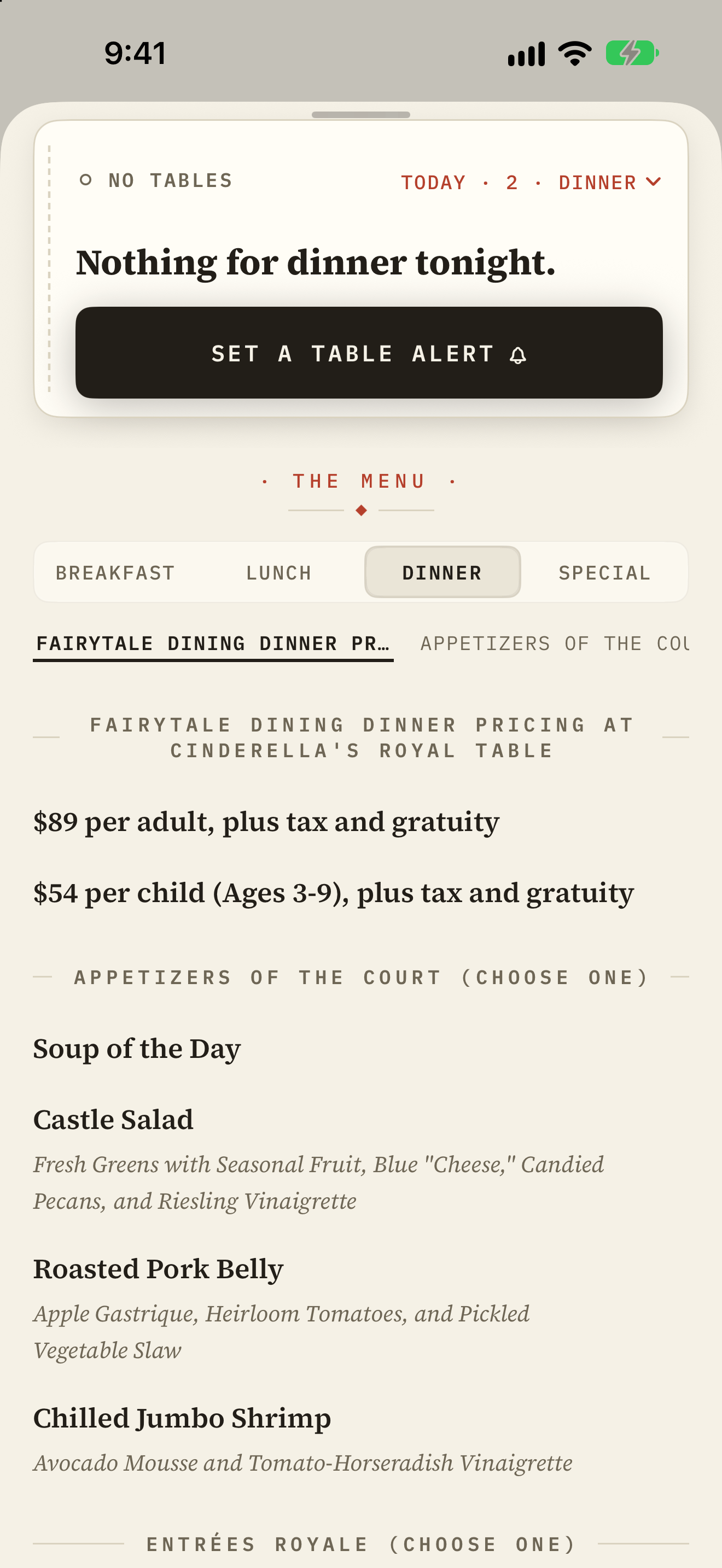 Cinderella's Royal Table's dinner menu and prices, beside the alert for a night with no tables.
