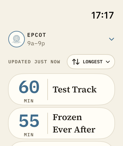 The EPCOT live board condensed for a quick wrist check.