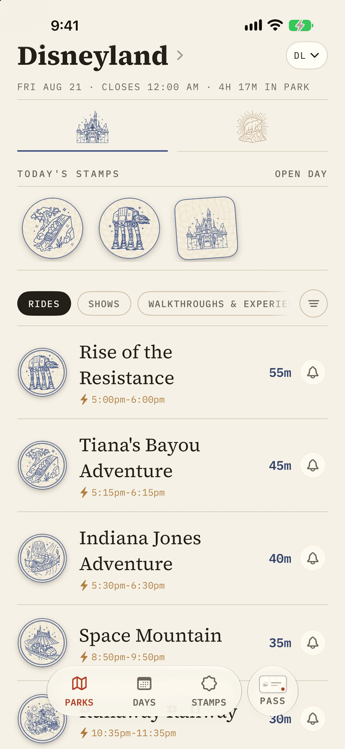 A park day open, with the stamps earned so far today along the top