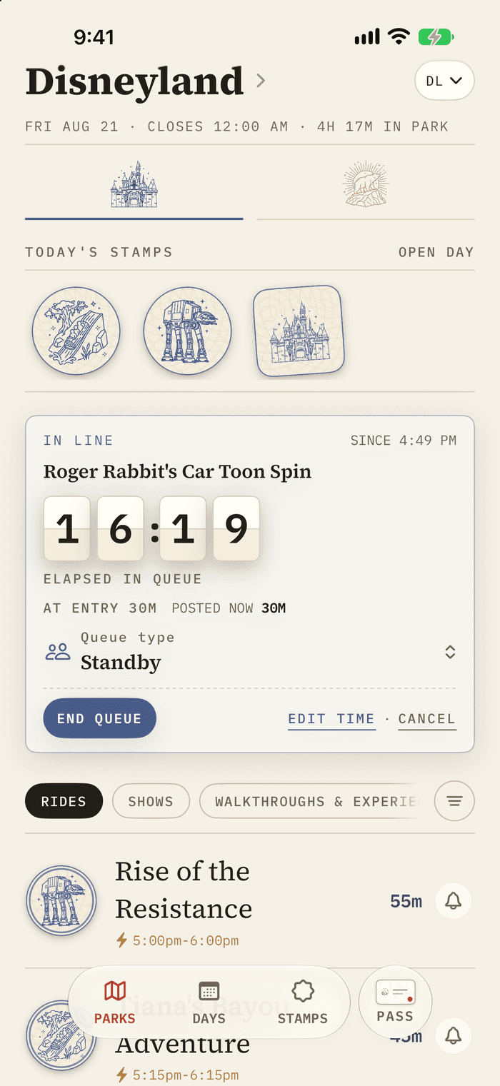 A queue running for Roger Rabbit's Car Toon Spin, with the elapsed time counting