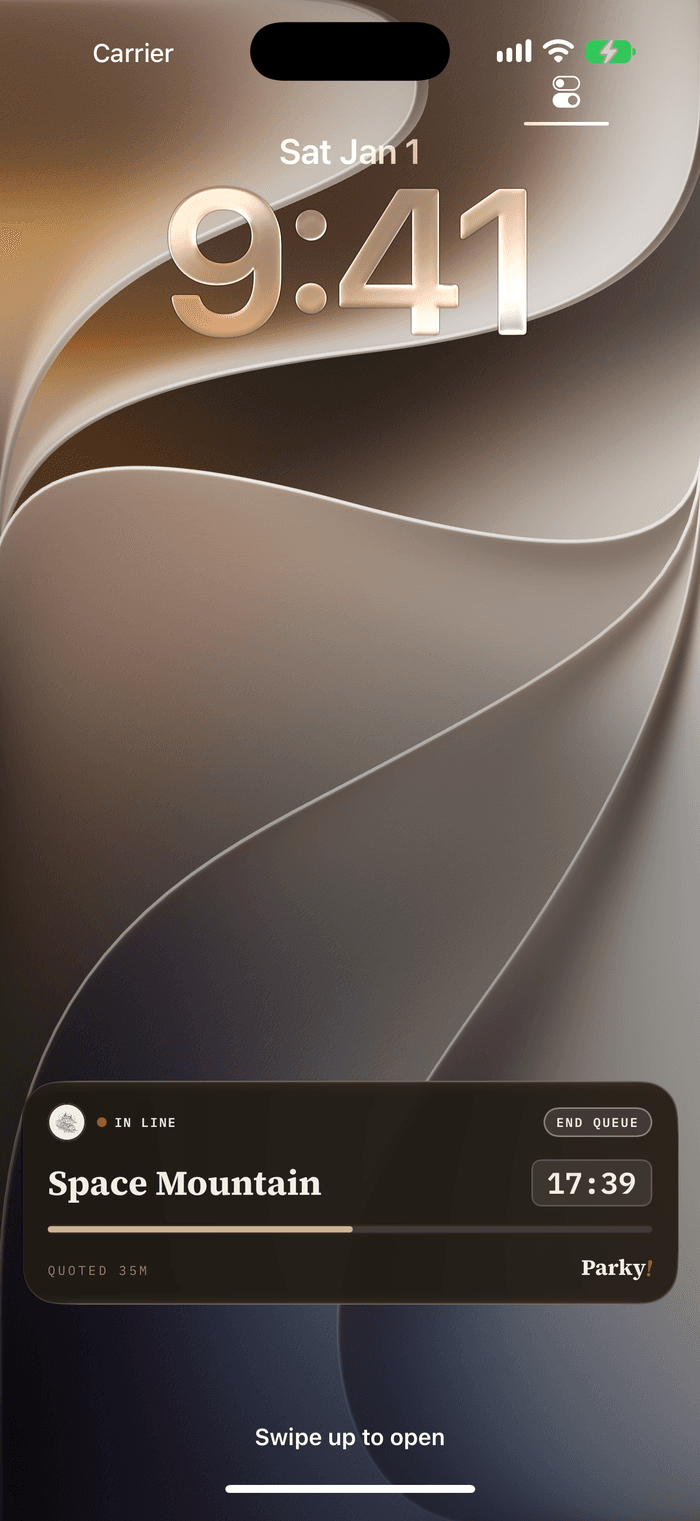 The Parky Live Activity counting on an iPhone Lock Screen