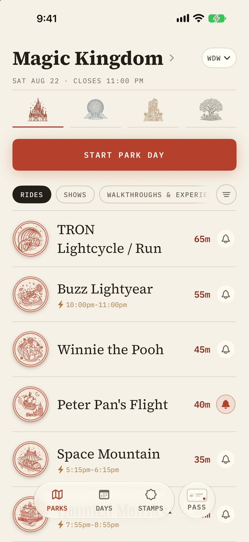 Parky's live board for Magic Kingdom: every ride with its posted wait and a bell to watch it