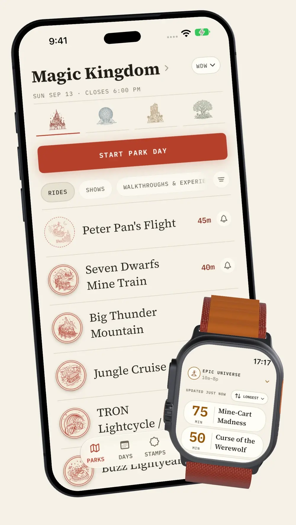 Parky's Magic Kingdom live wait board on iPhone, with Epic Universe waits on Apple Watch