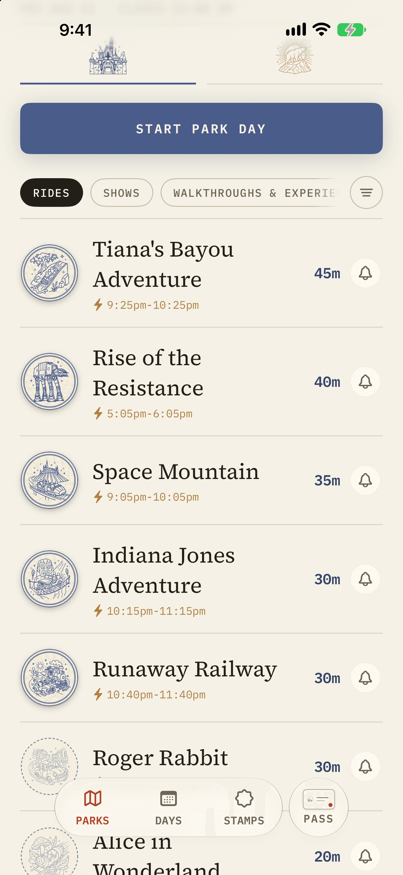 Every ride in the park on one board with its current wait and Lightning Lane return window. The stamp beside each ride is filled in once you have ridden it and dashed while you have not.