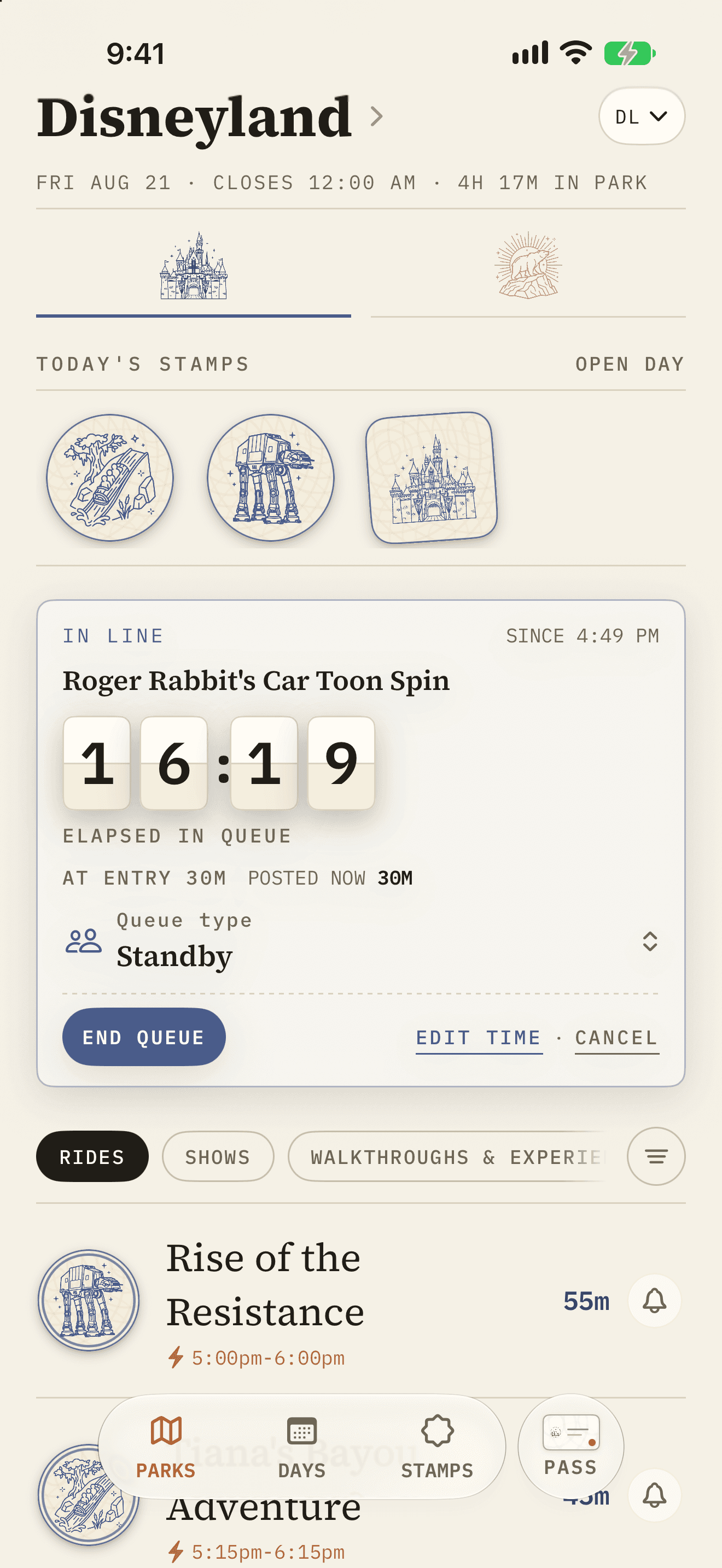 A running queue timer for Roger Rabbit's Car Toon Spin, showing elapsed time against both the wait posted at entry and the wait posted now.