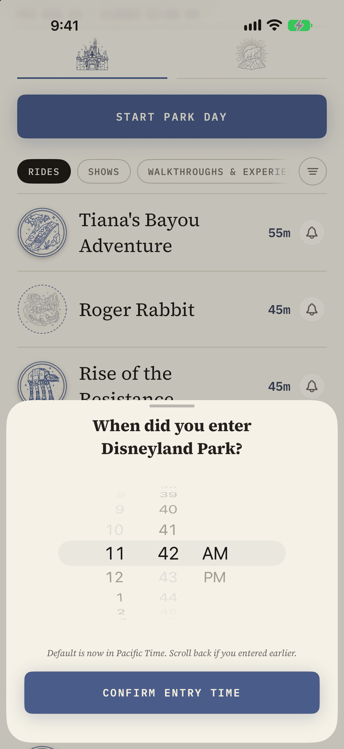 Opening a park day, with the entry time defaulting to now and scrollable back for a guest who has already been inside for hours.